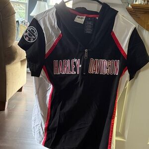 Harley-Davidson Ladies Black, White, and Red Tee with Hood and zip front